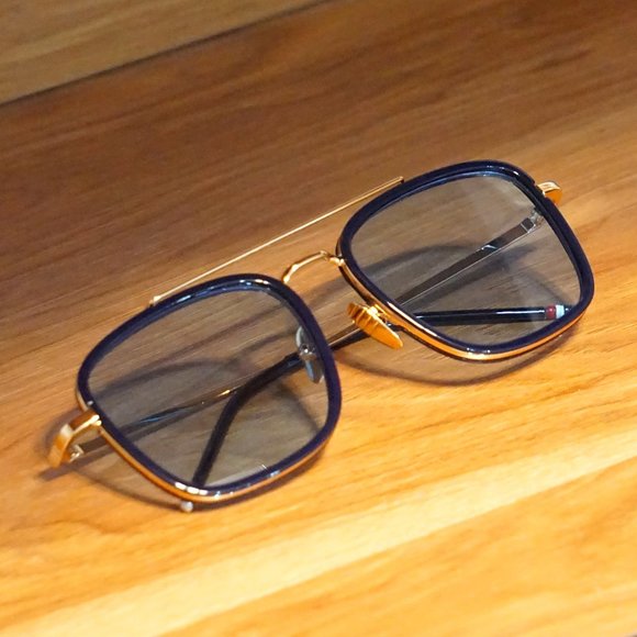 Other - Men's Elegant Navy Gold Sunglasses with Light Blue Fashionable Lenses
